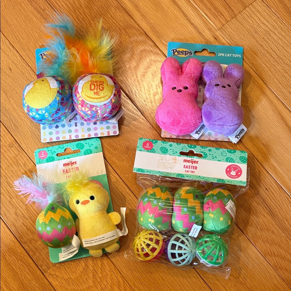 PEEPS Cat Toys Plush bunnies & Jingle Balls. Chick w/egg & pack of toys
